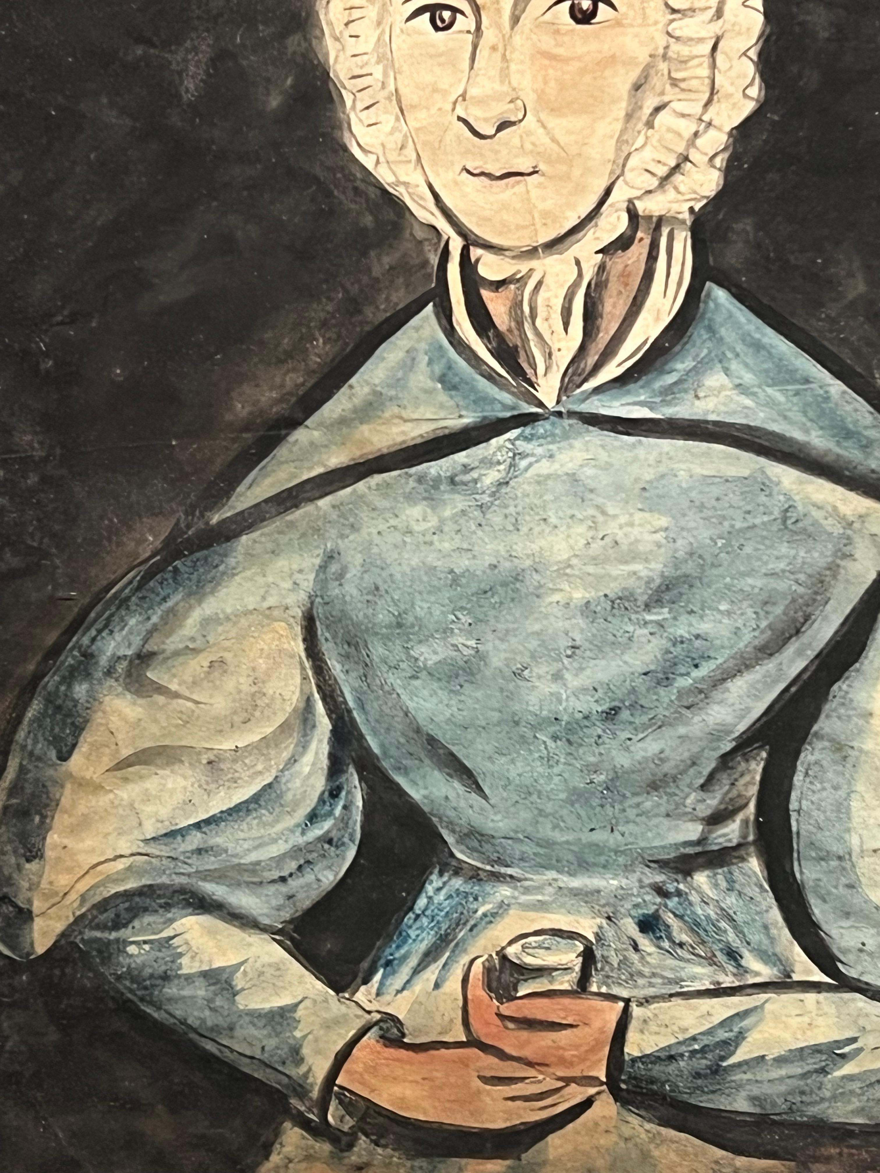 Arte Popular Inglés Antiguo Retrato Ingenuo de Dama en Azul con Marco de Madera Oscura - Portrait Painting Negro de English Victorian artist