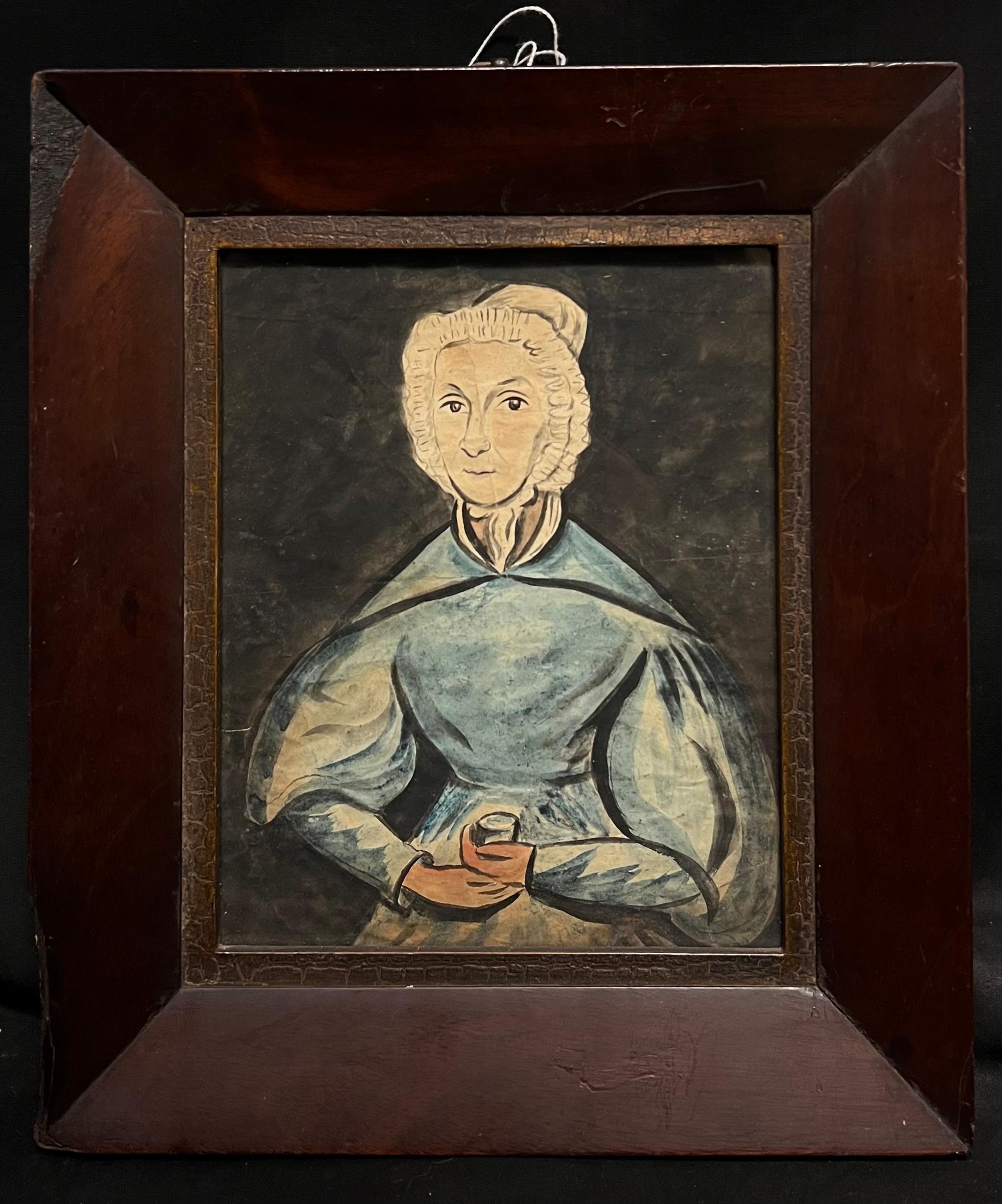 Portrait Painting de English Victorian artist - Arte Popular Inglés Antiguo Retrato Ingenuo de Dama en Azul con Marco de Madera Oscura