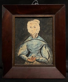 Antico ritratto naïf di donna in blu con cornice in Wood scuro
