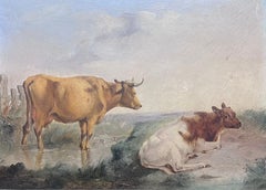 Cattle in Pastoral Landscape by Stream Victorian English Oil Painting Gilt Frame