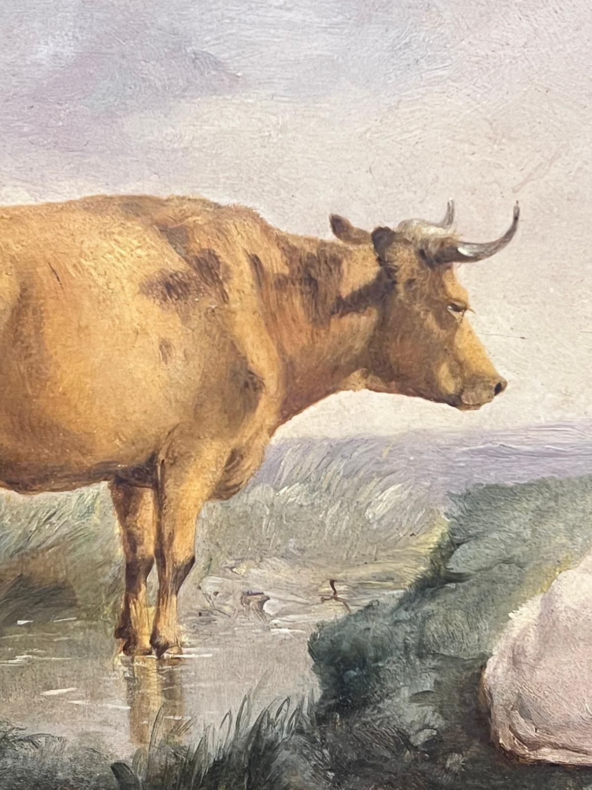 Cattle in Pastoral Landscape von Stream, viktorianisches englisches Ölgemälde, vergoldetes Rahmen (Viktorianisch), Painting, von English Victorian artist