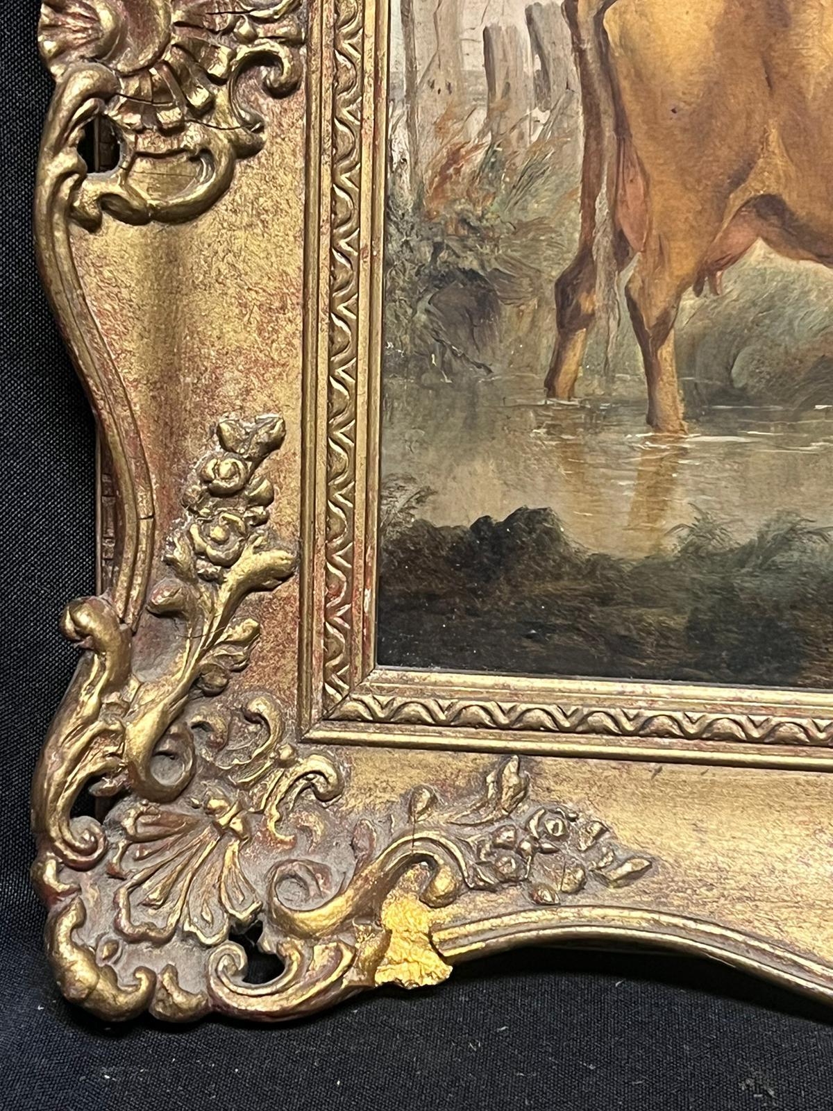 Cattle in Pastoral Landscape by Stream Victorian English Oil Painting Gilt Frame For Sale 7
