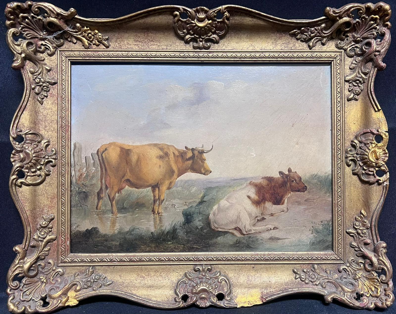 English Victorian artist Landscape Painting - Cattle in Pastoral Landscape by Stream Victorian English Oil Painting Gilt Frame