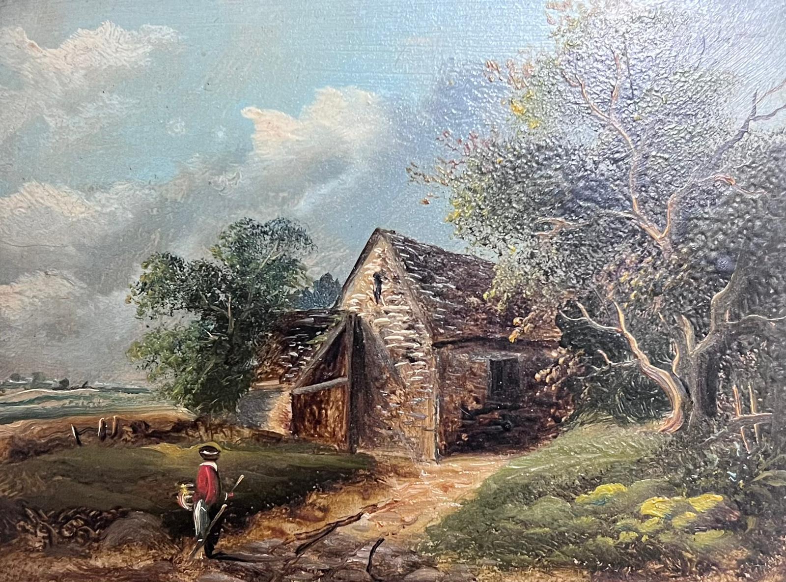 Traditional English Victorian Oil Painting Figure by Cottage in Landscape c.1880 - Black Figurative Painting by English Victorian artist