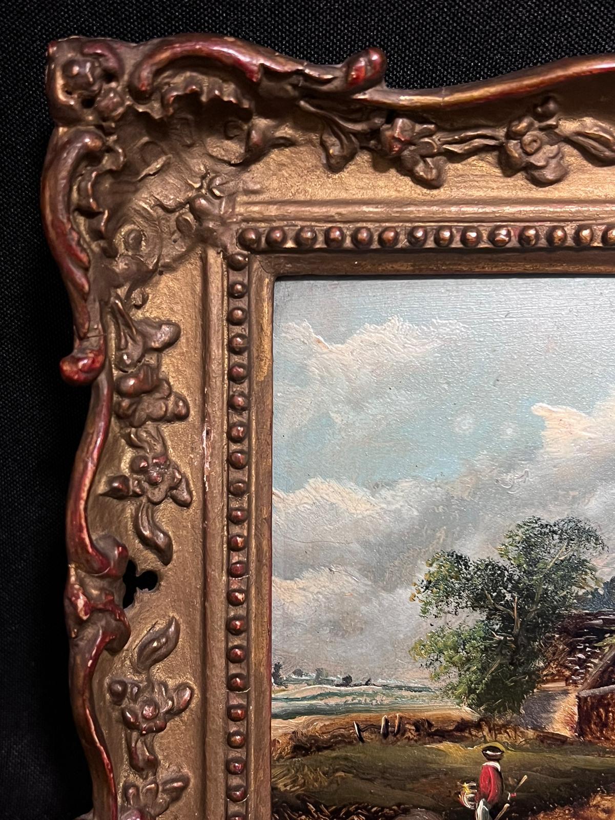 Traditional English Victorian Oil Painting Figure by Cottage in Landscape c.1880 1