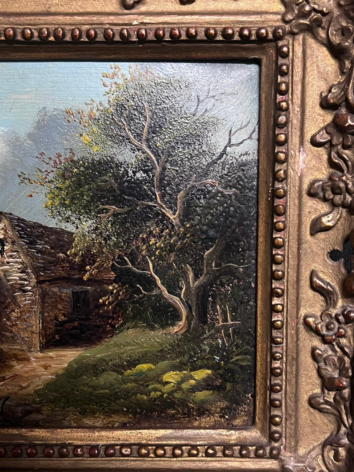 Traditional English Victorian Oil Painting Figure by Cottage in Landscape c.1880 2
