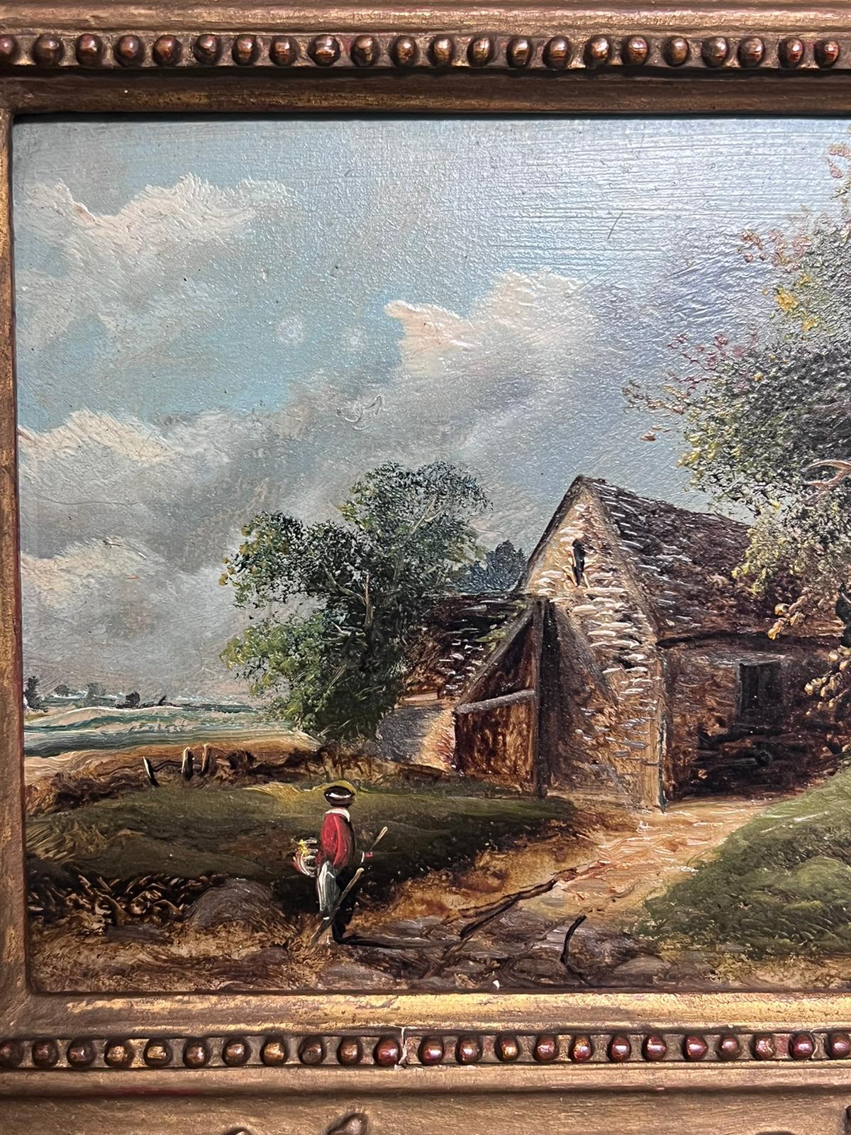 Traditional English Victorian Oil Painting Figure by Cottage in Landscape c.1880 3
