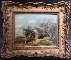 Tradicional óleo victoriano inglés Figura junto a una cabaña en un paisaje c.1880