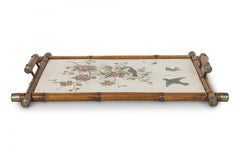 19th Century English Victorian Bamboo Tray with Floral Porcelain Panel