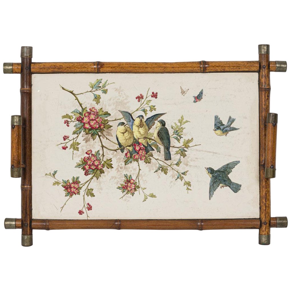 English Victorian Bamboo and Porcelain Tray im Angebot