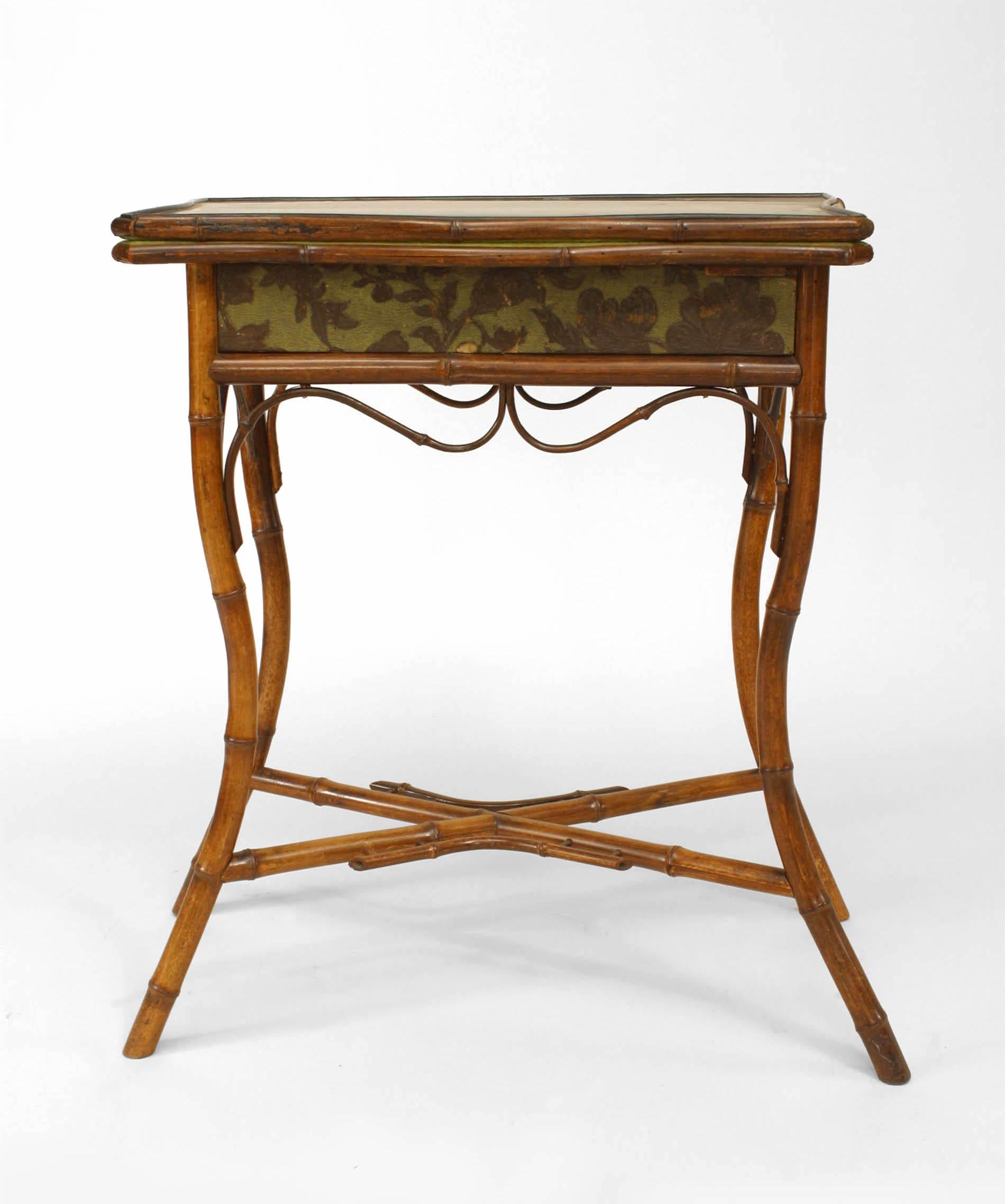 English Victorian bamboo and lacquered flip-top console table with stretcher.
  