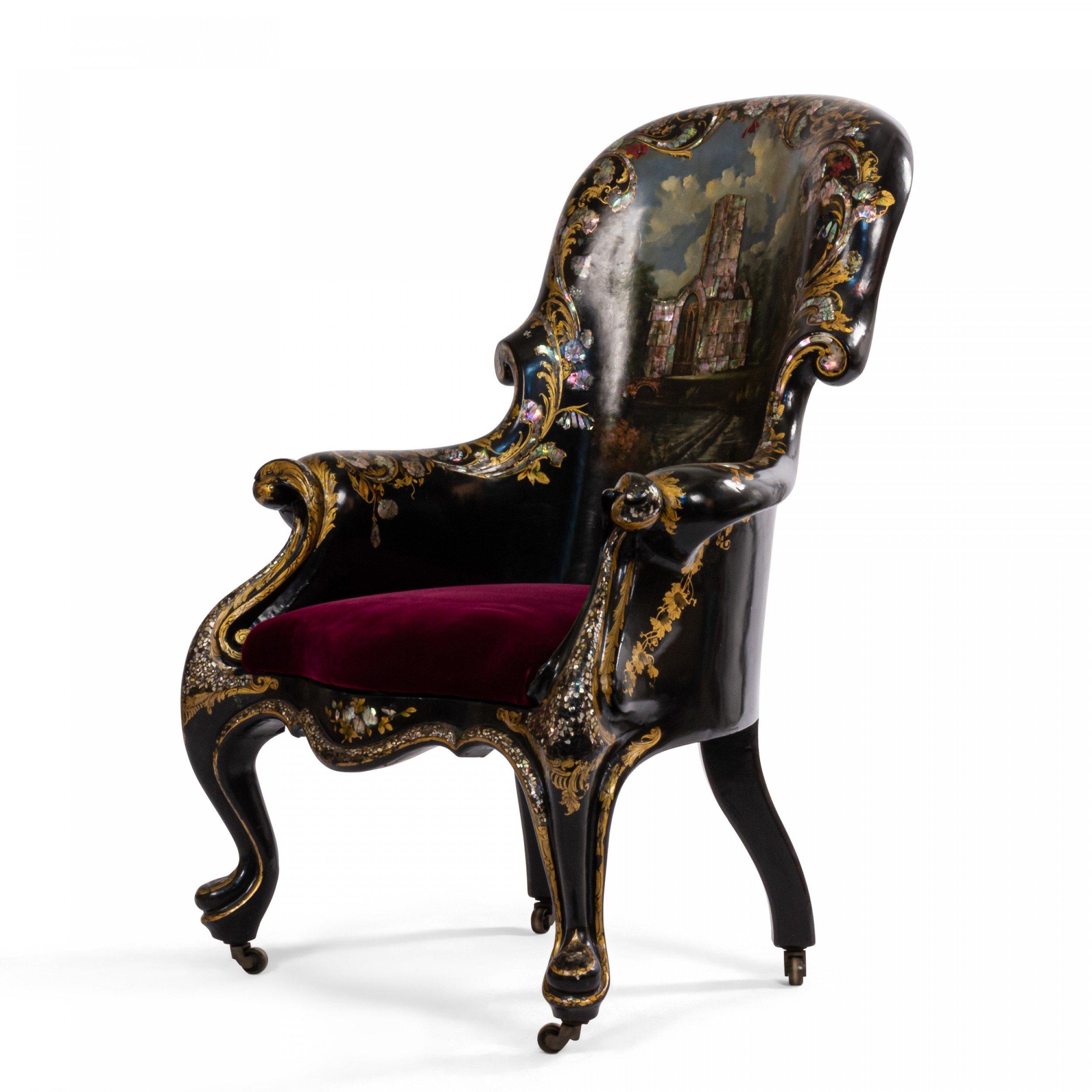 English Victorian Papier mache and pearl inlaid black lacquer bergere arm chair with red seat and Windsor Castle back.
 