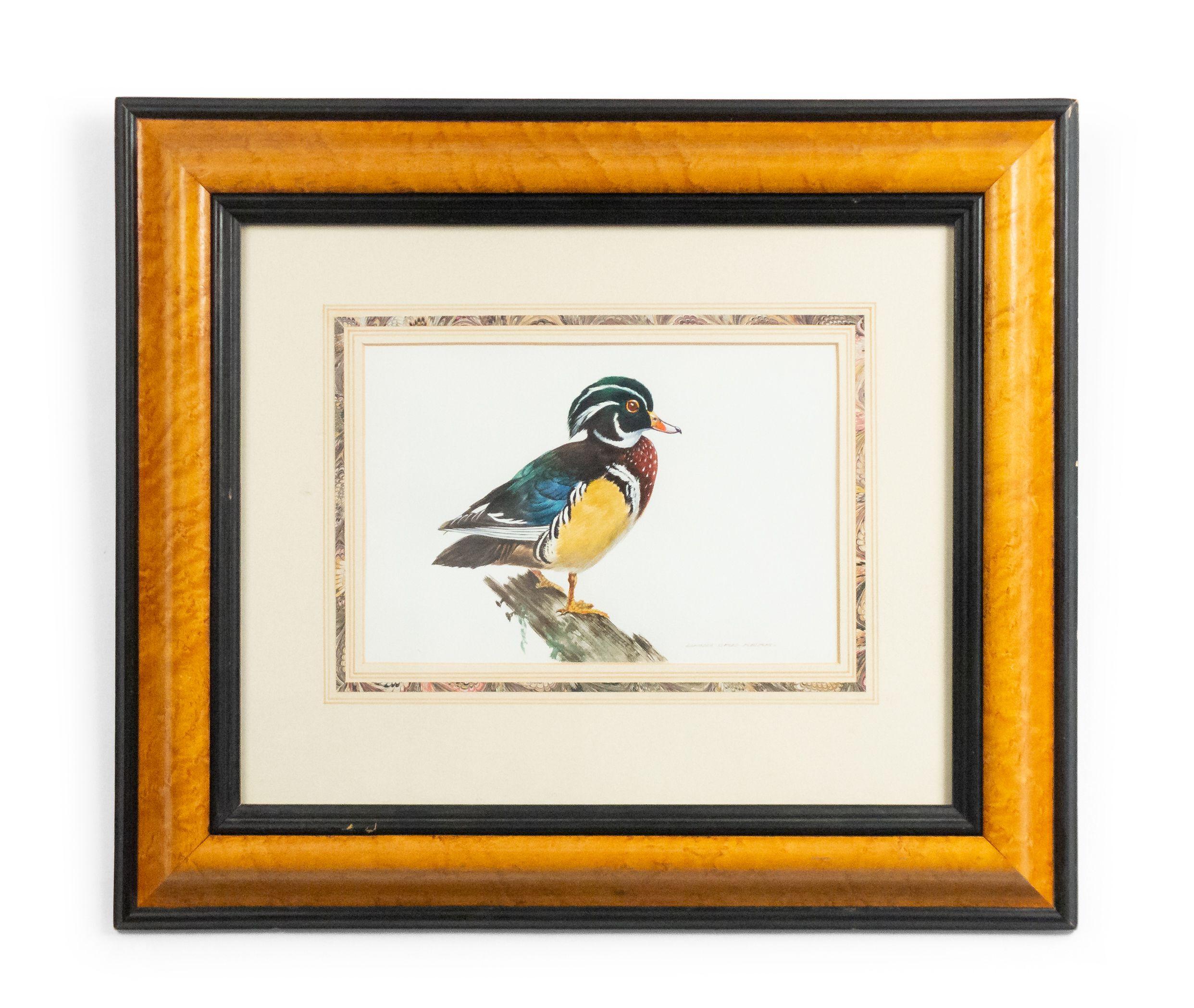 English Victorian maple and ebonized framed watercolor of a bird on a branch. (Companion pieces: 053214C-H)