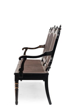 English Victorian Black Lacquered Floral Settee