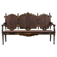 Antique English Victorian Black Lacquered Floral Settee
