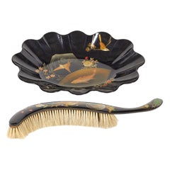 English Victorian Black Lacquered Tray and Brush