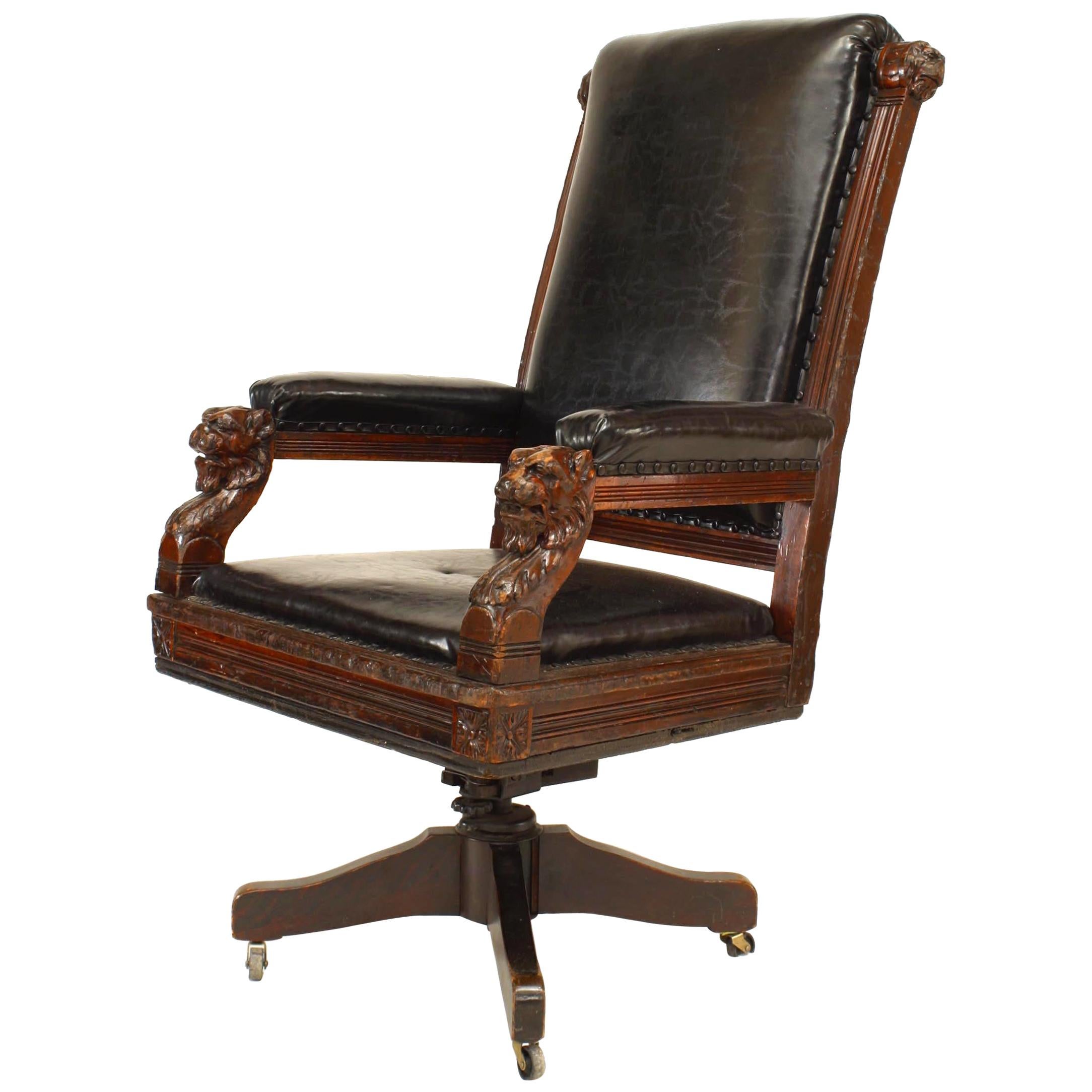 English Victorian Black Leather Swivel Chair For Sale