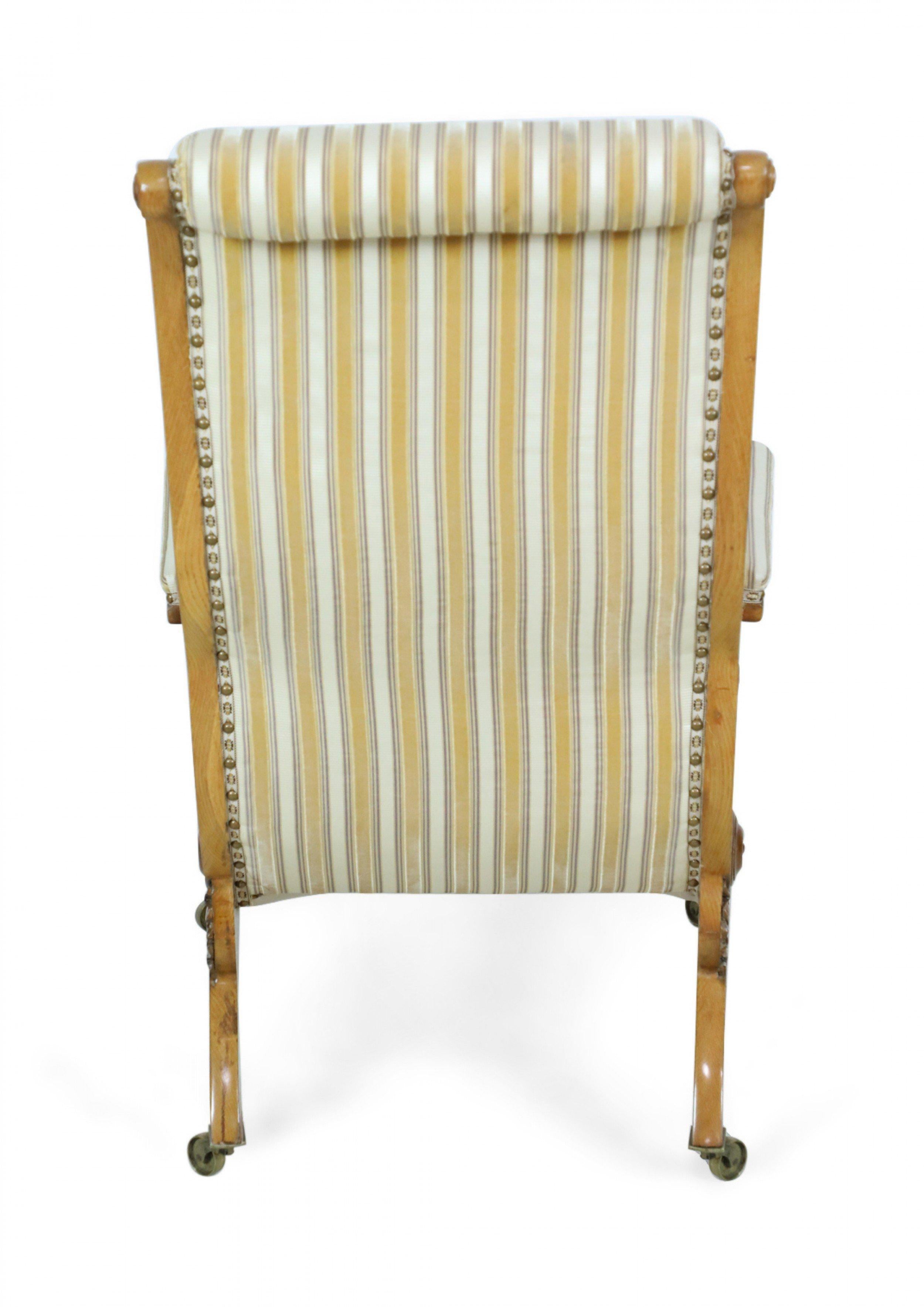 English Victorian Blond Wood Scroll Armchair with Striped Upholstery For Sale 6