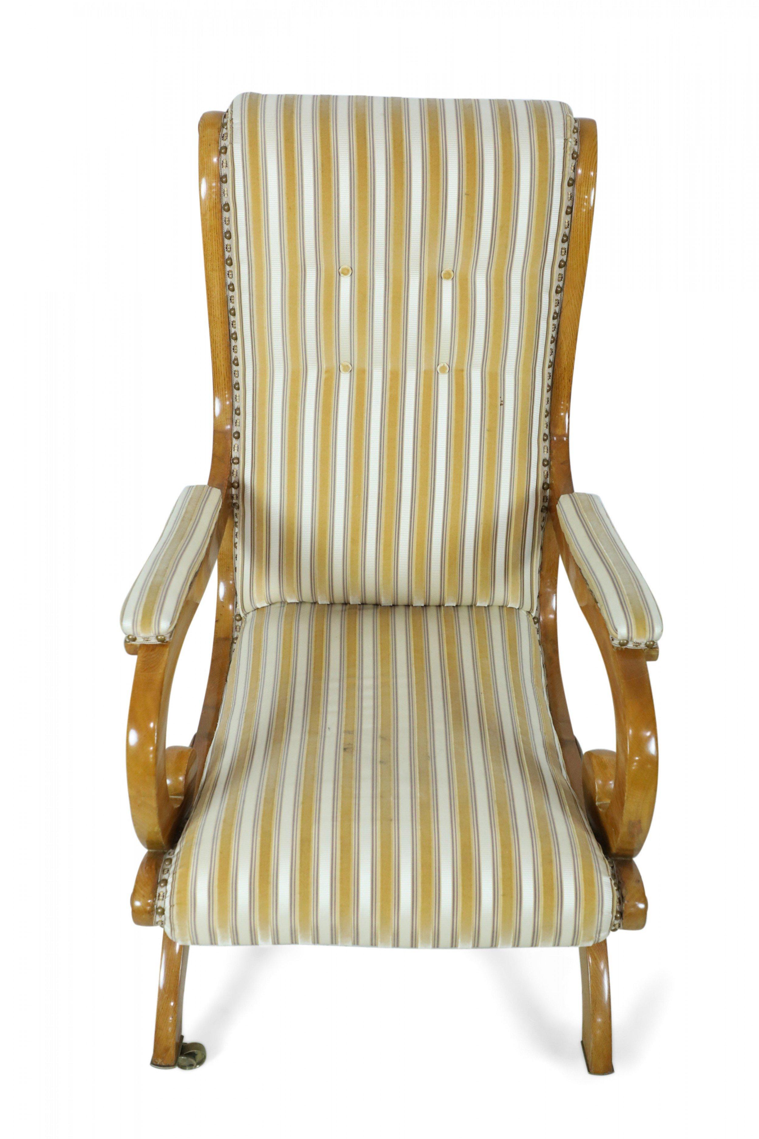 19th Century English Victorian Blond Wood Scroll Armchair with Striped Upholstery For Sale