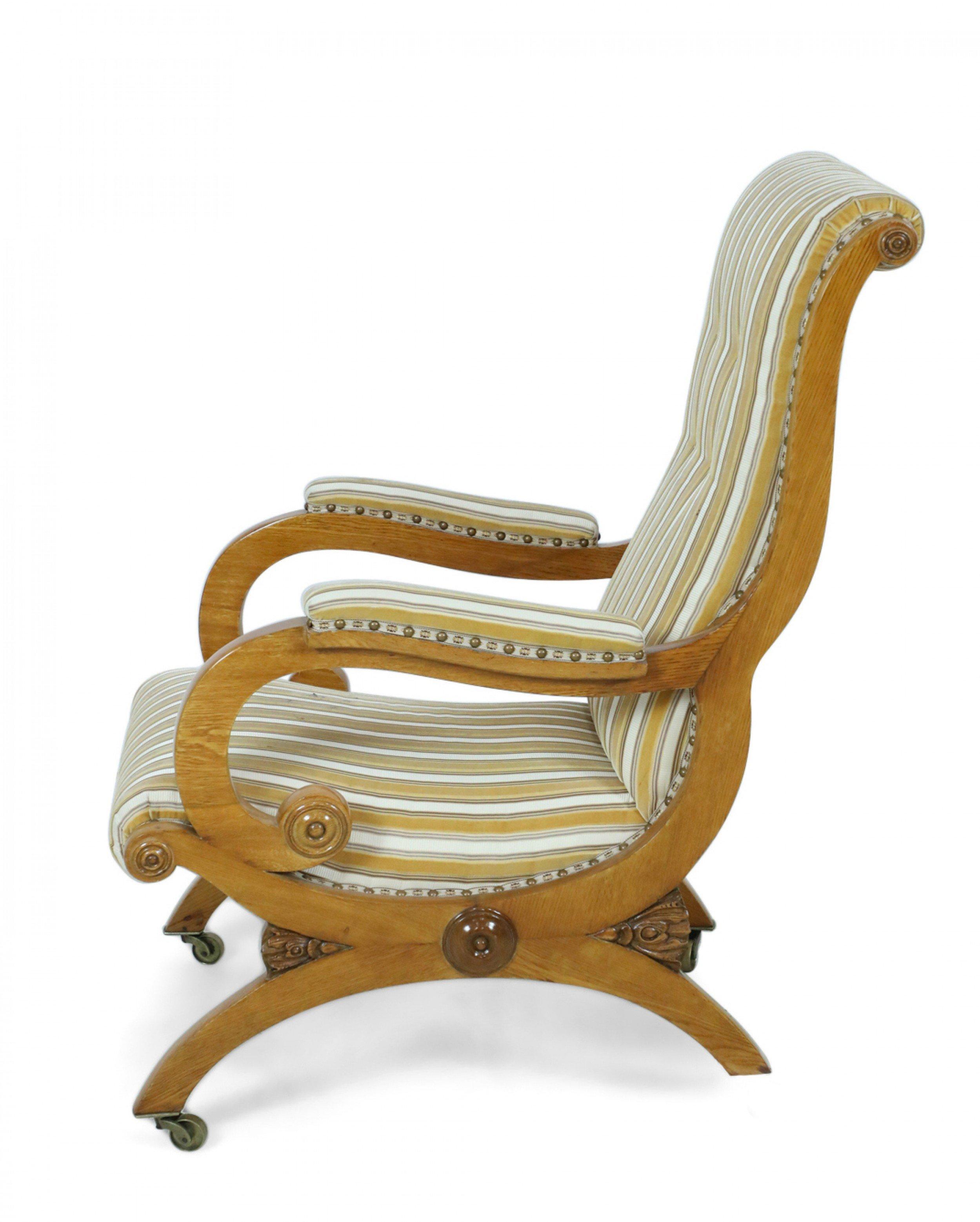 Fabric English Victorian Blond Wood Scroll Armchair with Striped Upholstery For Sale