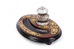 Victorian Ebonized Burl Wood Inkwell with Brass Trim, 19th Century
