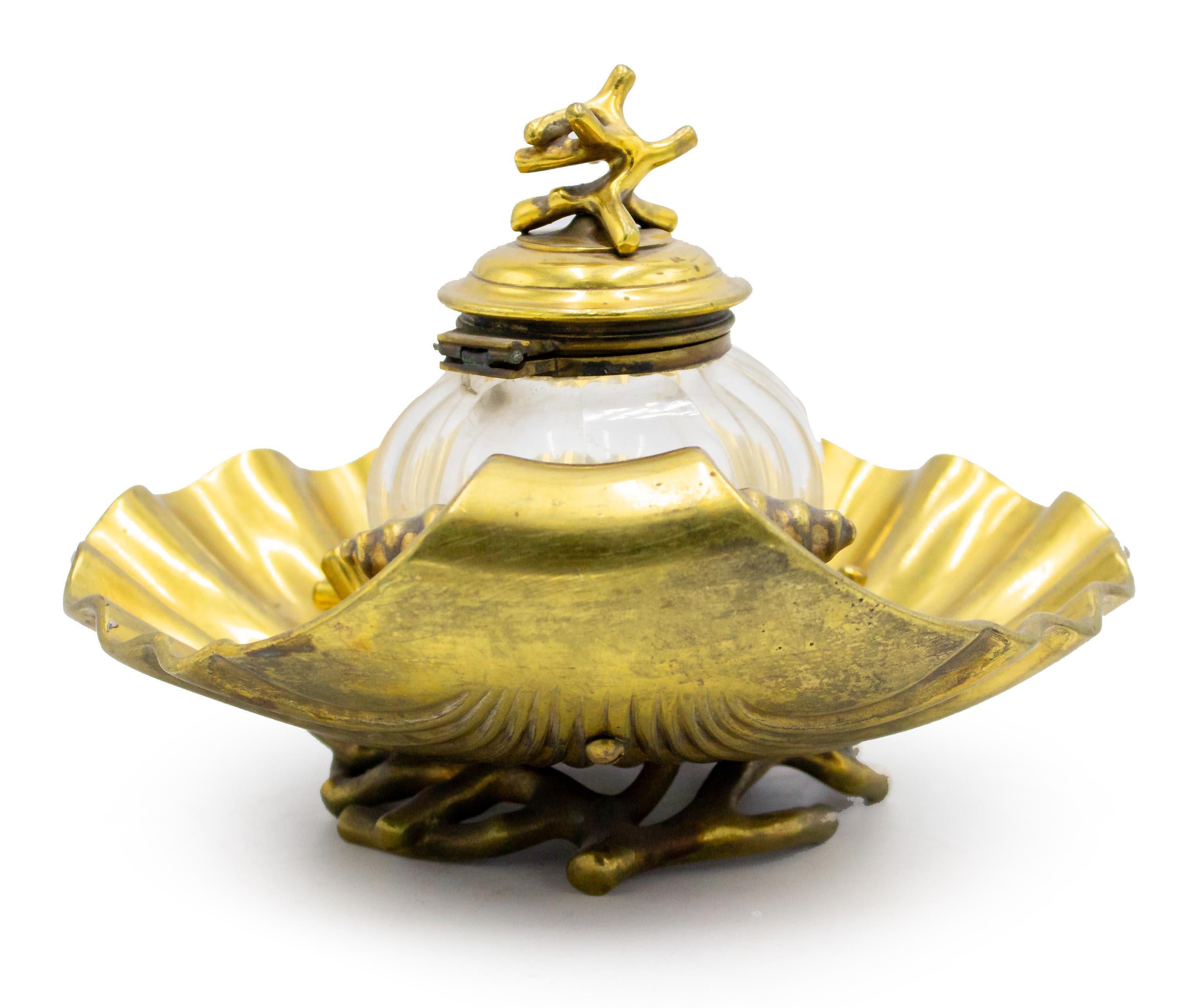 British English Victorian Brass and Crystal Inkwell For Sale