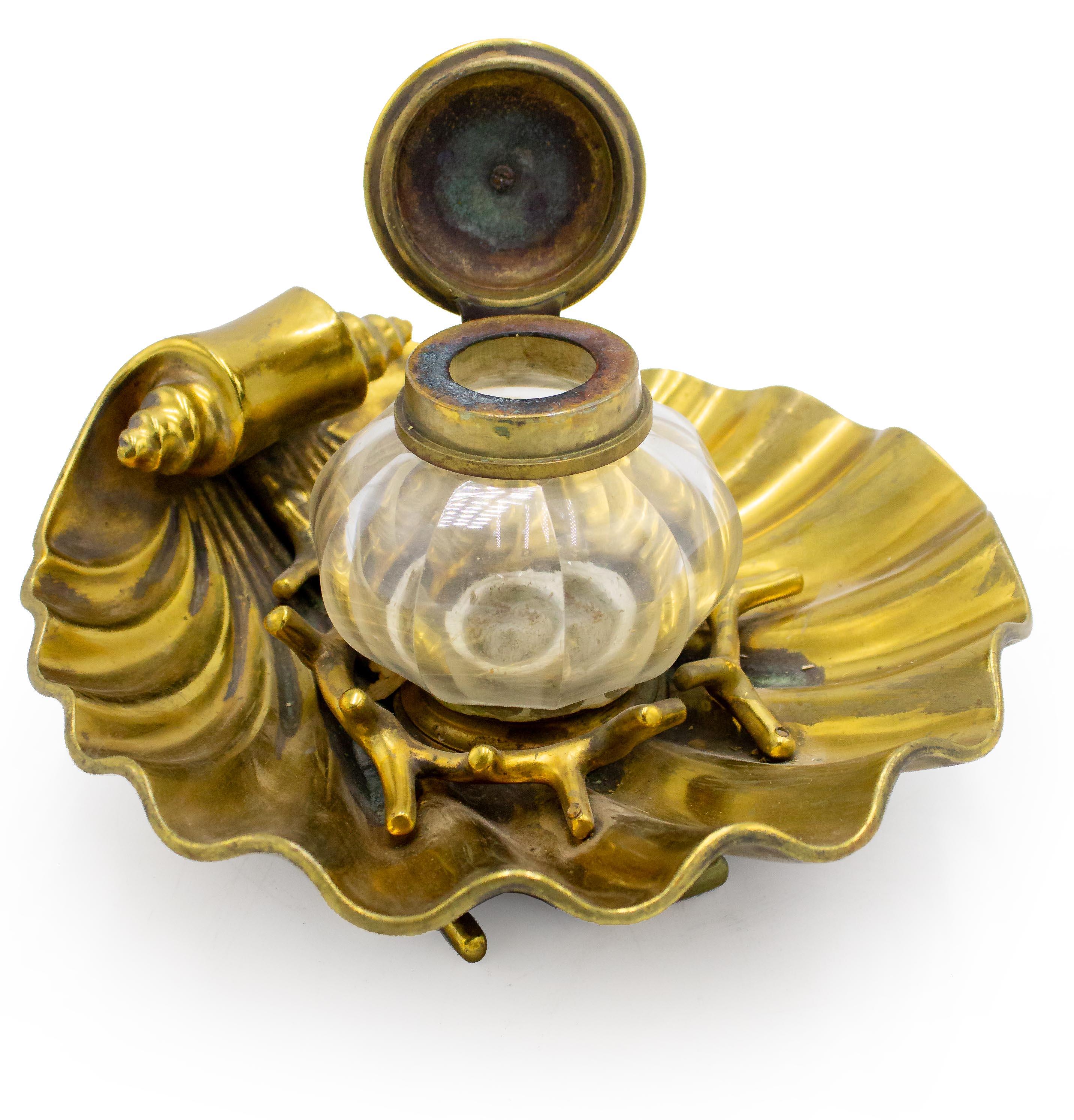 19th Century English Victorian Brass and Crystal Inkwell For Sale
