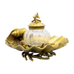 English Victorian Brass and Crystal Inkwell