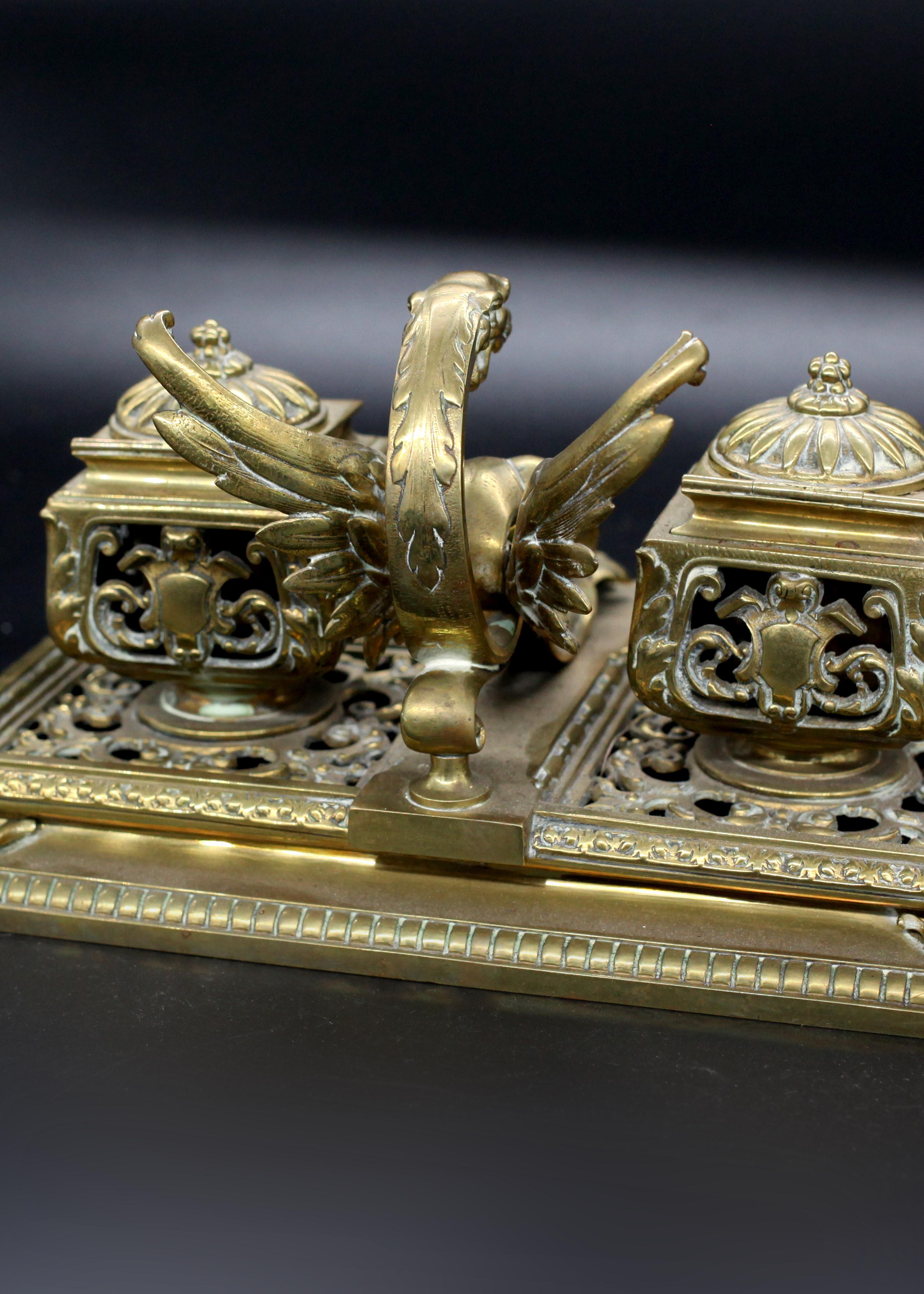 English Victorian Brass Double Inkwell Desk Stand For Sale 1