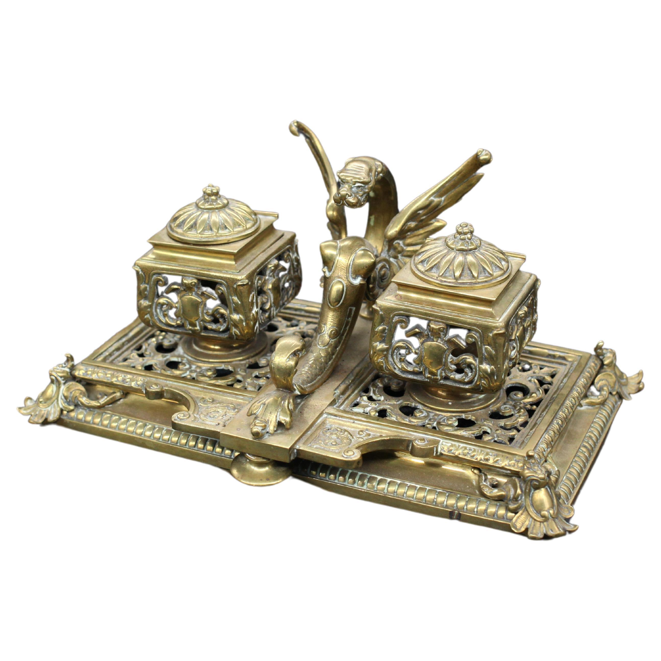 English Victorian Brass Double Inkwell Desk Stand For Sale