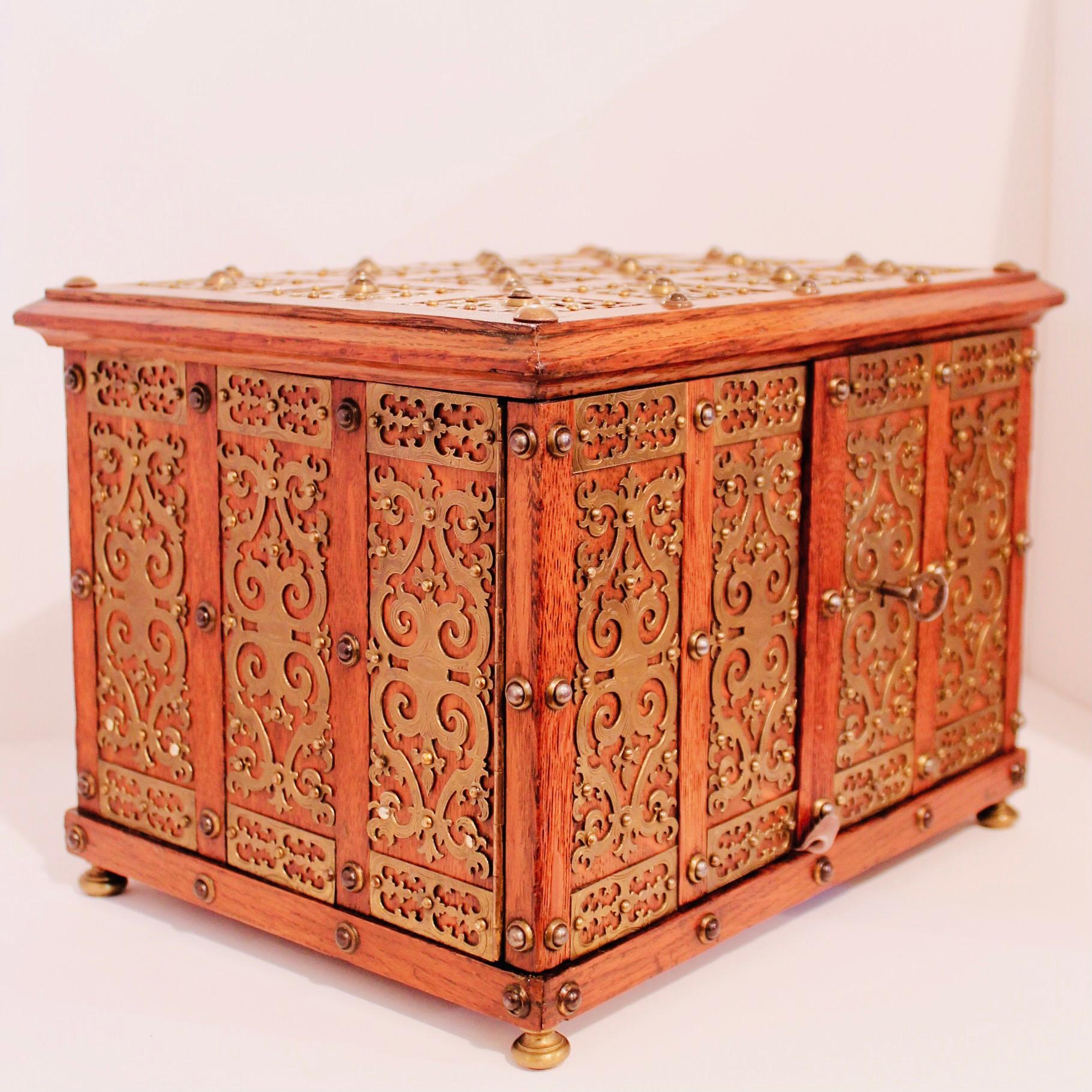 Baroque Revival English Victorian Brass Mounted Jewelry Box / Strong Box, 19th Century For Sale