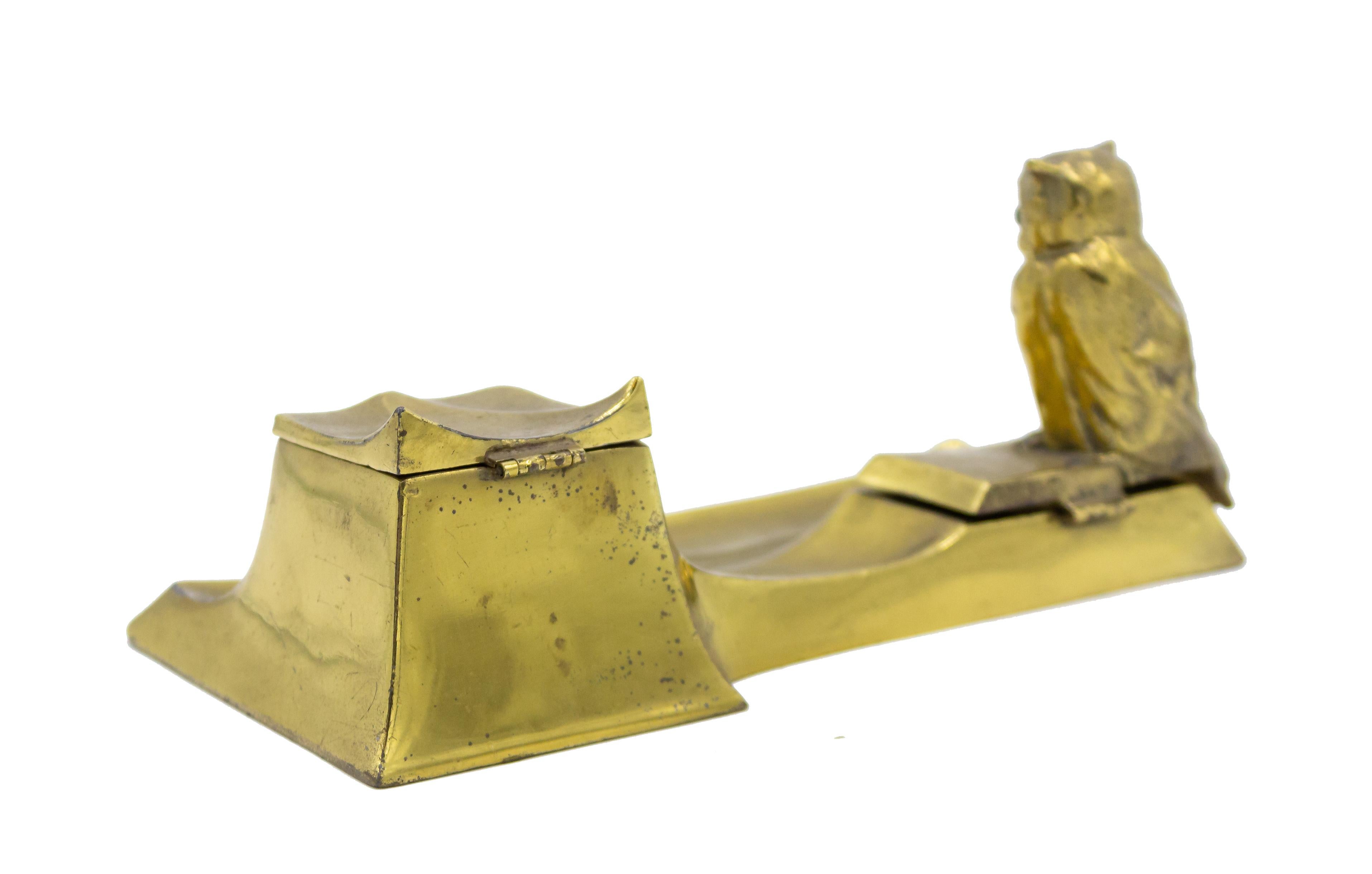 English Victorian Brass Owl Inkwell For Sale 5