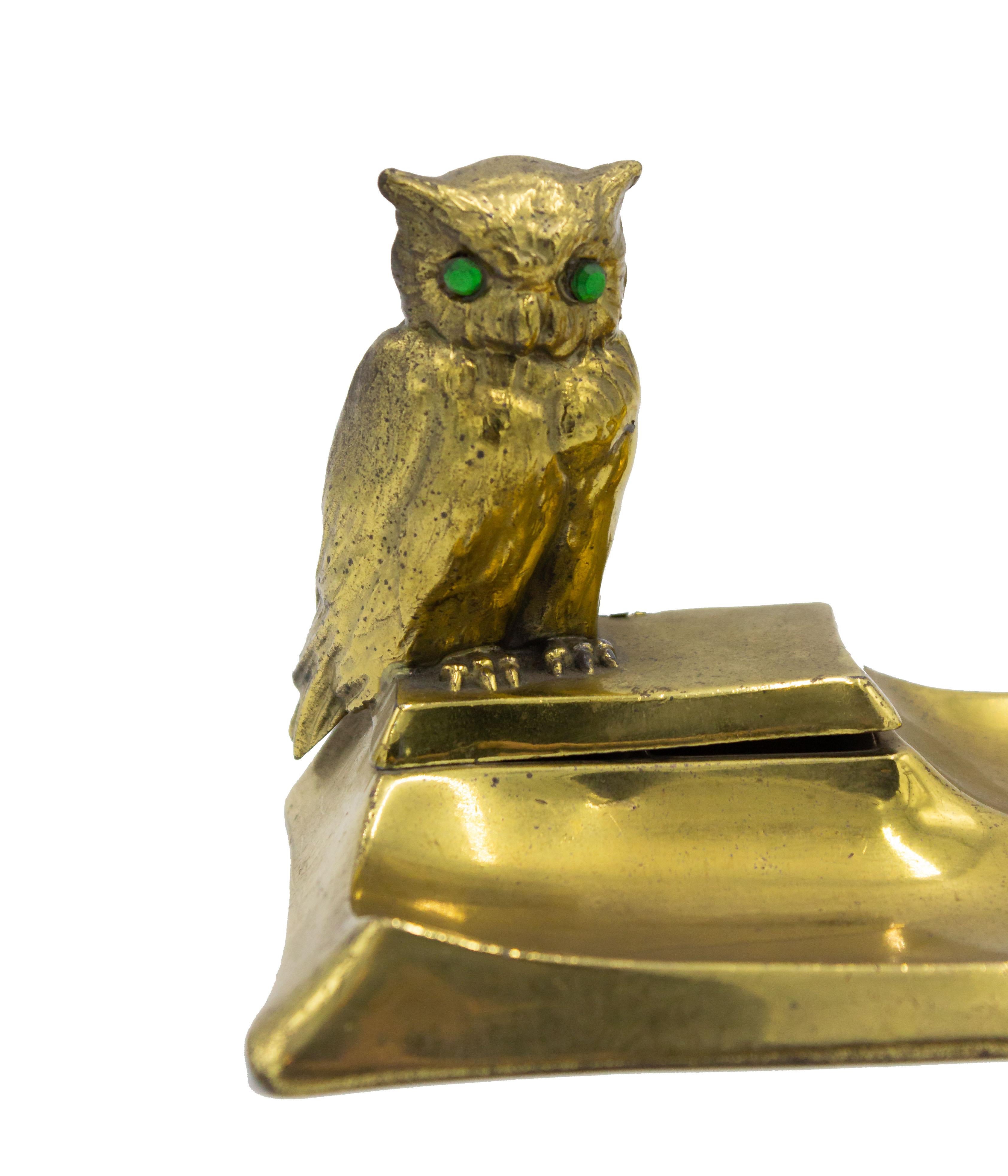 English Victorian brass owl inkwell on rectangular tray.