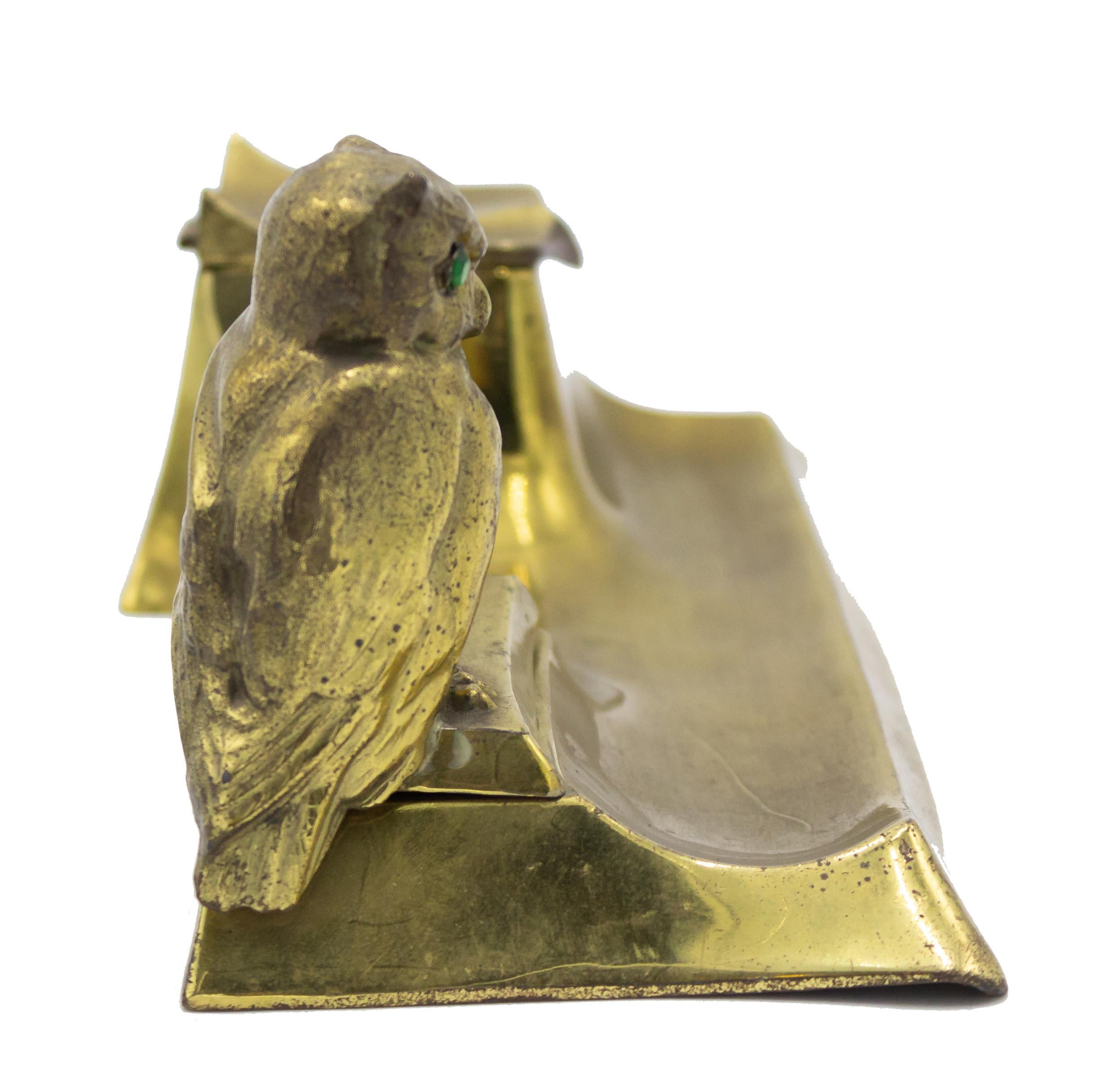English Victorian Brass Owl Inkwell For Sale 2