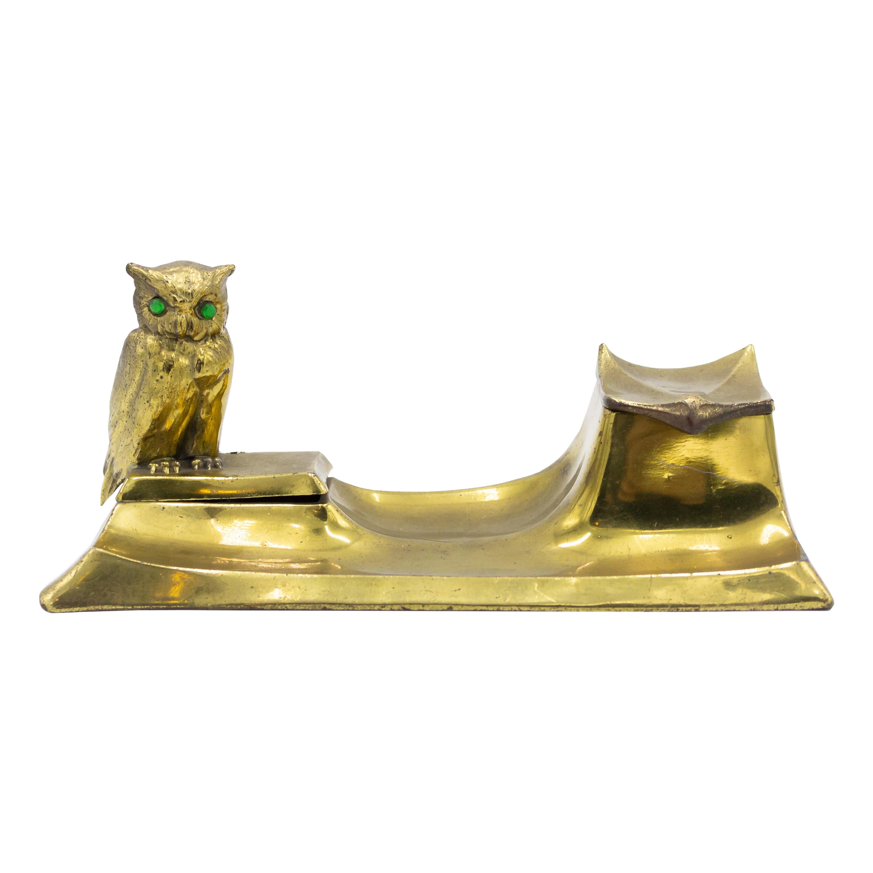 English Victorian Brass Owl Inkwell