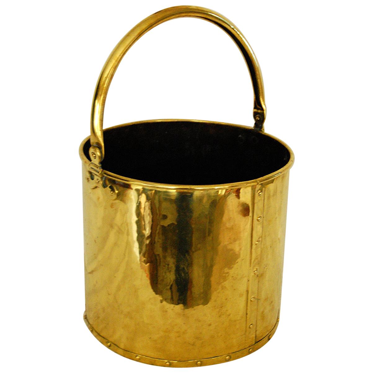 English Victorian Brass Riveted Coal Bucket with Brass Swing Handle