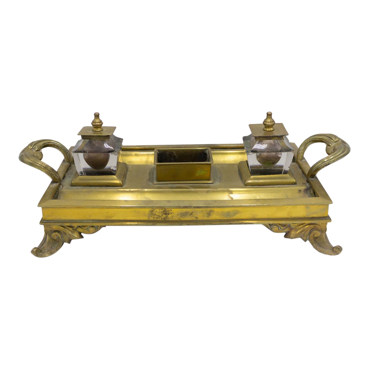 English Victorian Bronze Double Inkwell