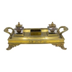 English Victorian Bronze Double Inkwell