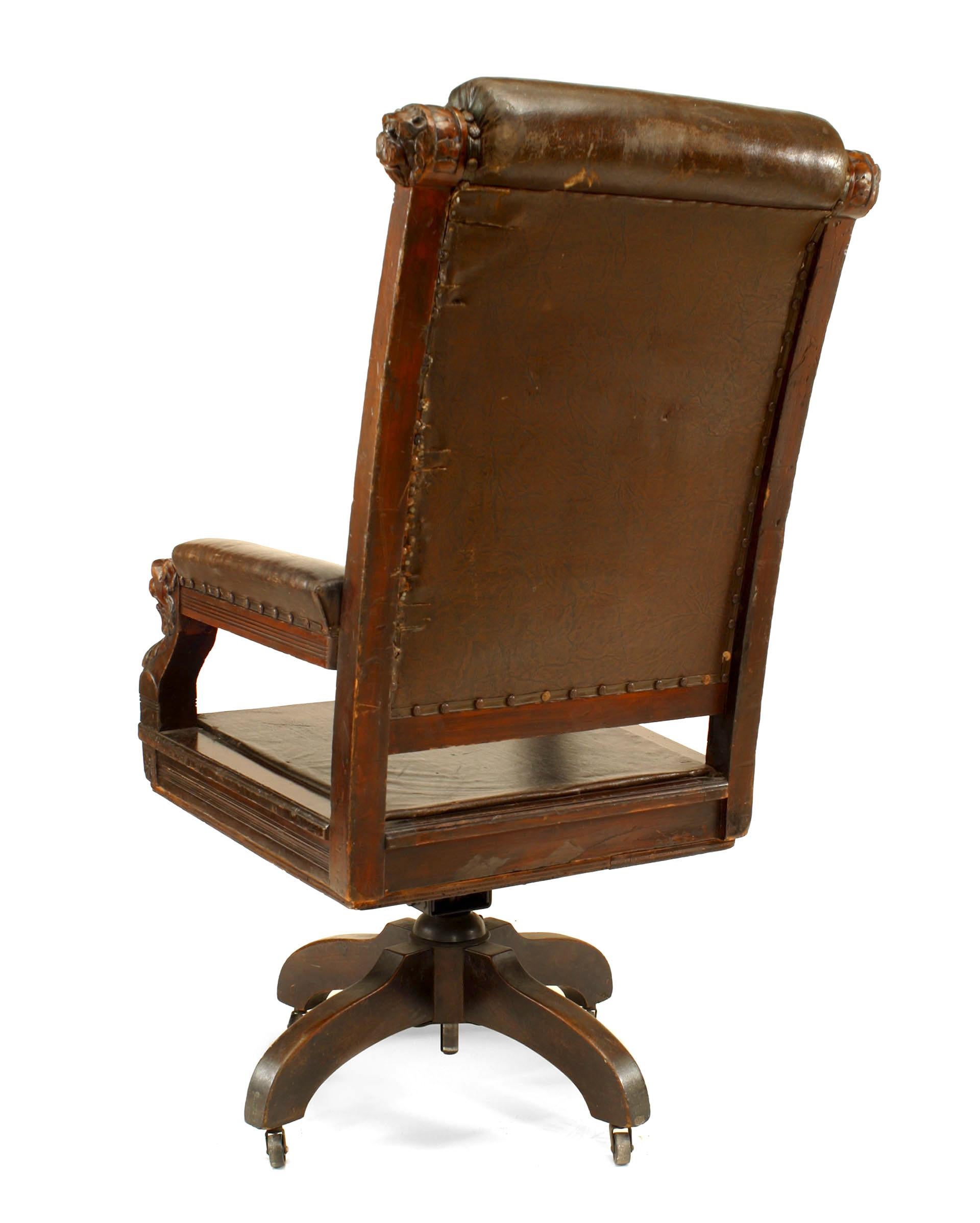 Anglais Fauteuil pivotant anglais victorien en cuir brun