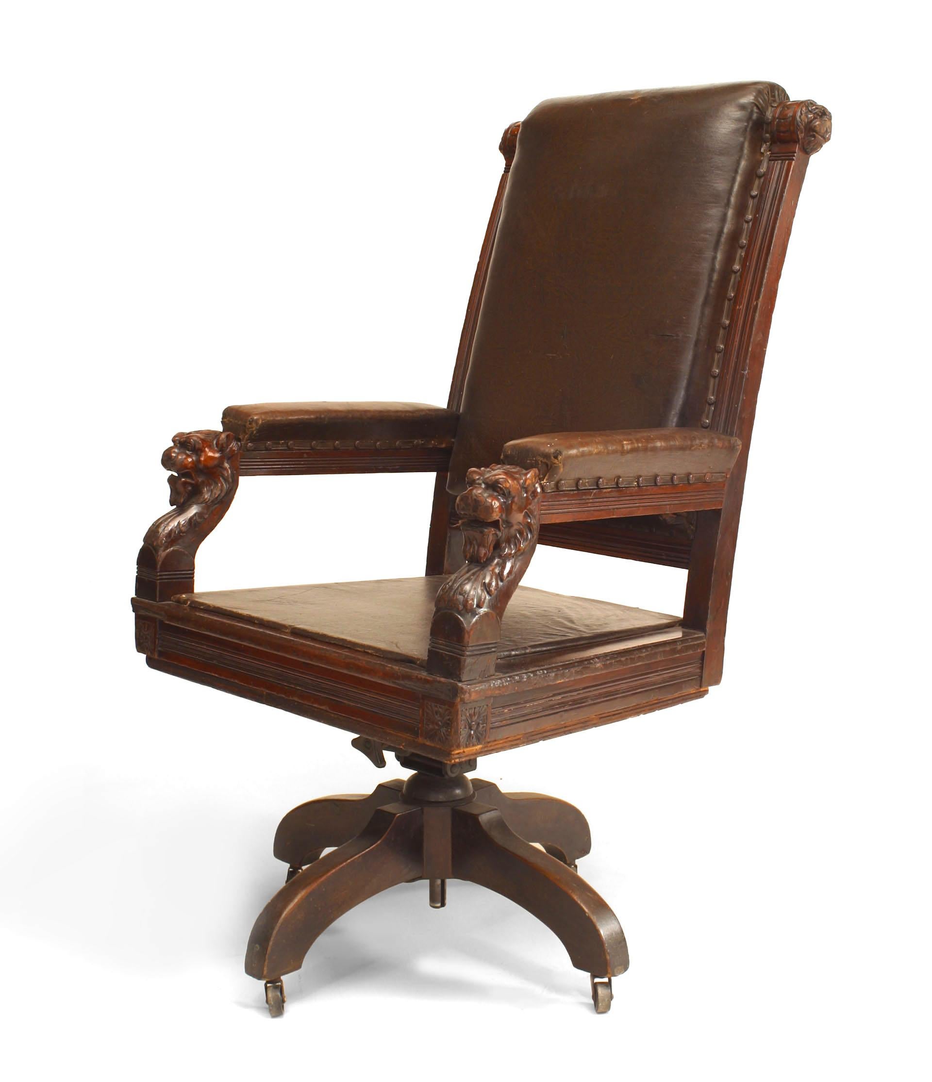 British English Victorian Brown Leather Swivel Chair For Sale