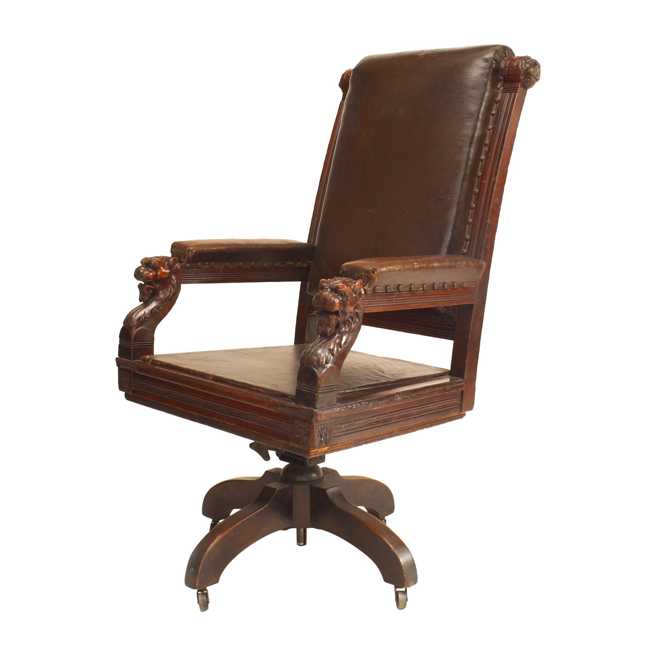 English Victorian Brown Leather Swivel Chair For Sale