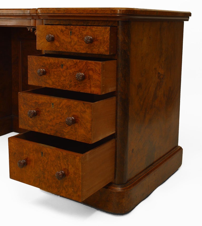 English Victorian Burl Walnut Double Pedestal Kneehole Desk For Sale at