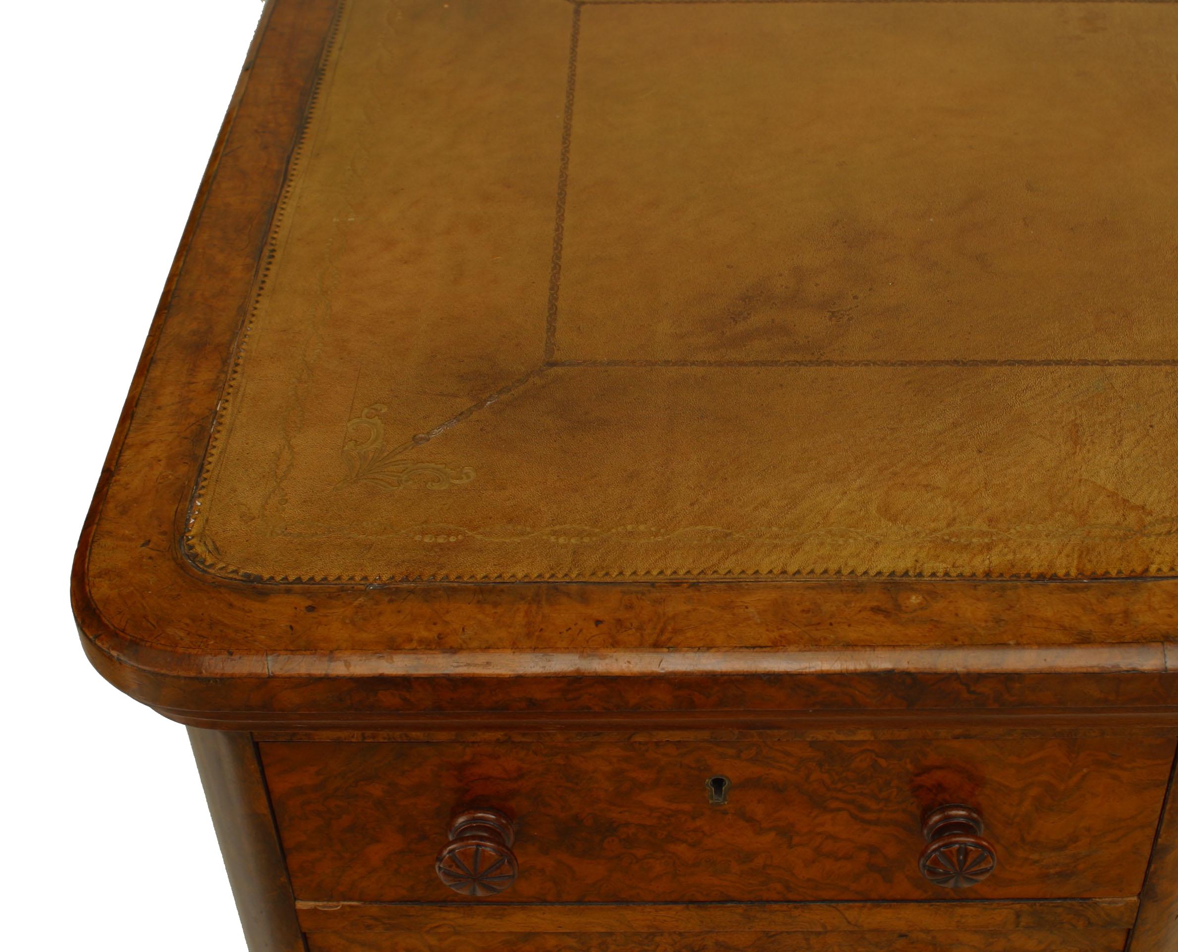 English Victorian Burl Walnut Kneehole Desk For Sale 2