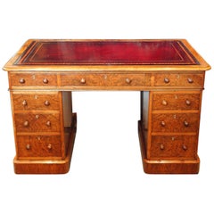 English Victorian Burl Walnut Pedestal Desk by Edwards and Roberts, circa 1870