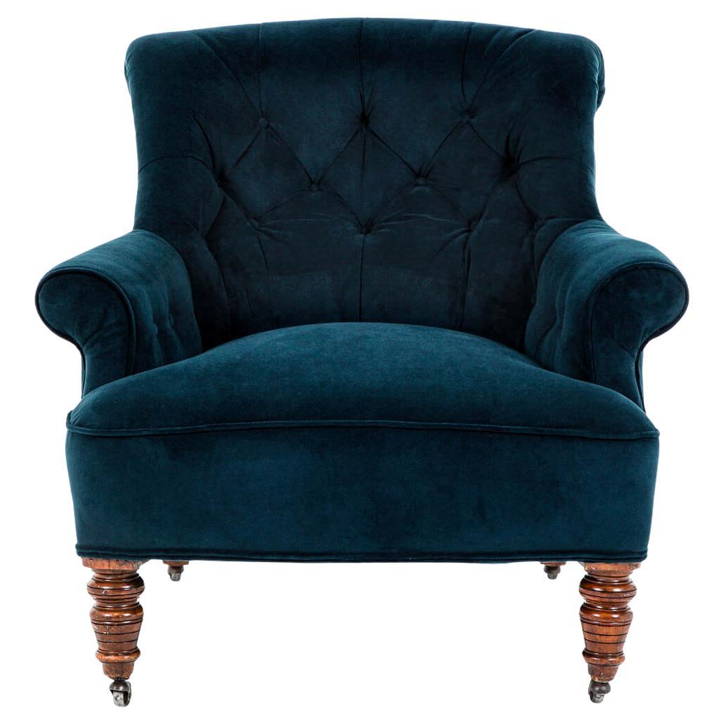 English Victorian Button Back Armchair in Navy Upholstery For Sale