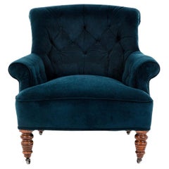 English Victorian Button Back Armchair in Navy Upholstery