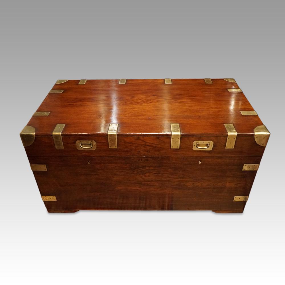 Large Victorian teak military chest
This Large Victorian teak military chest was made circa 1875.
It would have been made for an officer to take on his escapades around India, the North West frontier or even China. All his precious items, uniforms