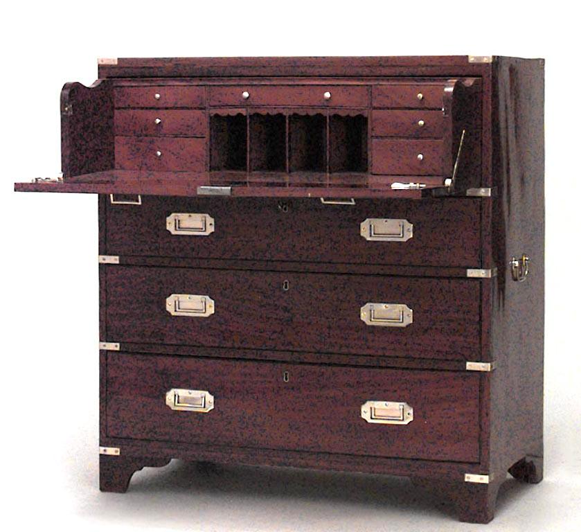 English Victorian (2nd Half of 19th Century) brass bound mahogany campaign style secretaire chest of drawers with fitted fall front drawer above 3 drawers
