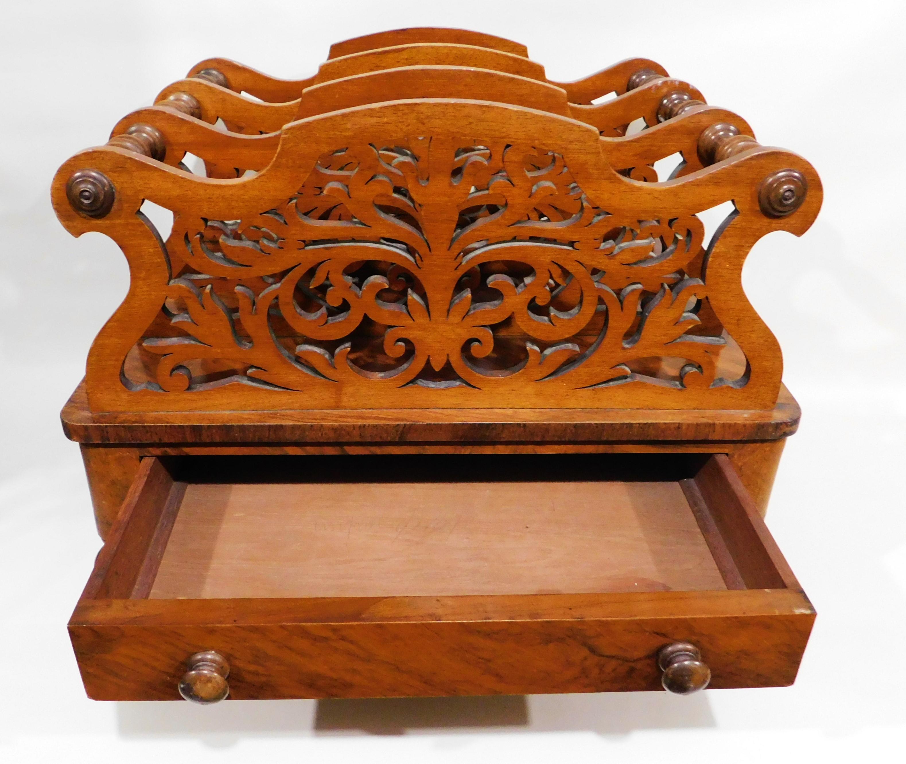 Walnut English Victorian Canterbury or Magazine Rack circa 1840 Porcelain Castors For Sale