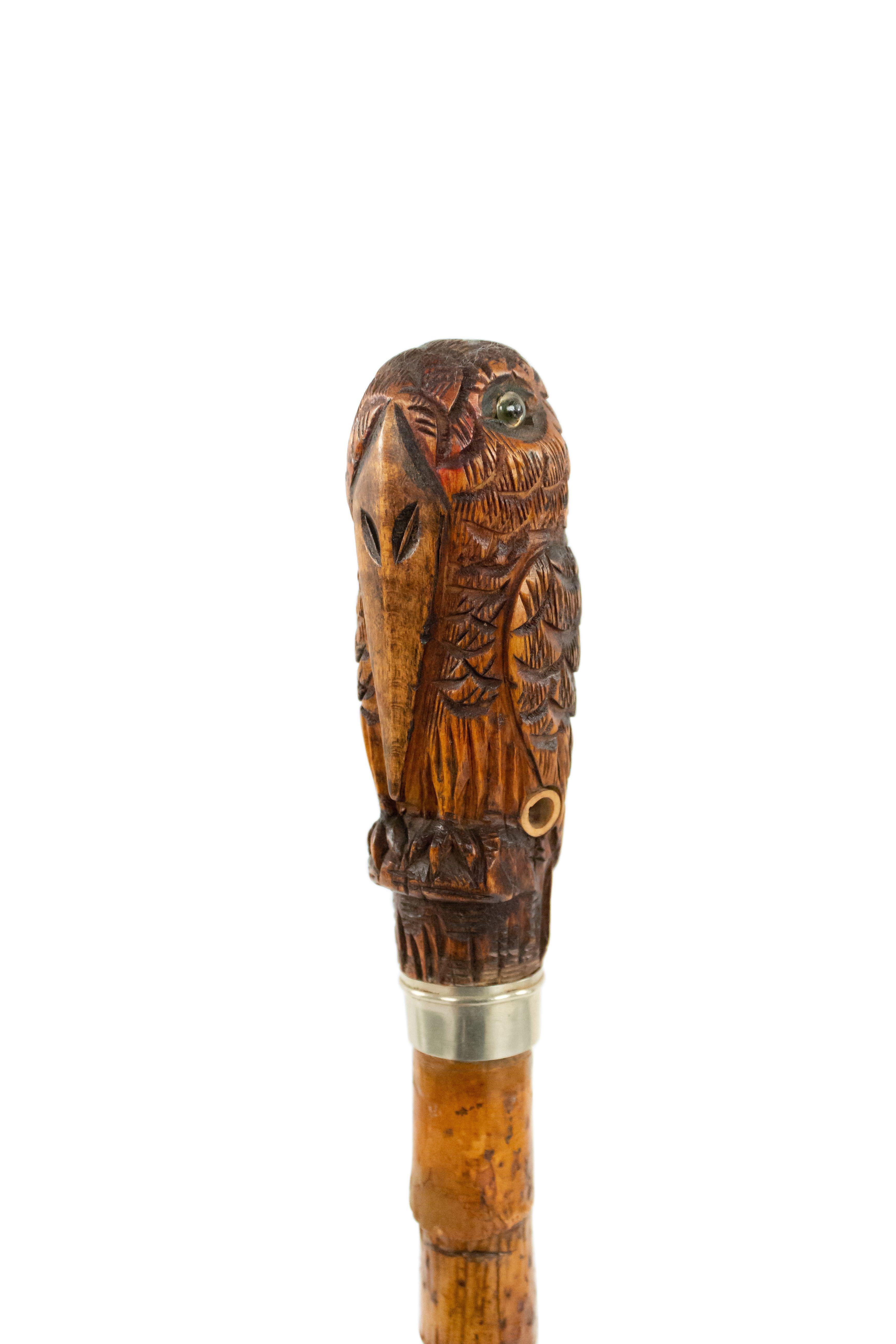 Silver English Victorian Carved Bamboo Pelican Cane For Sale